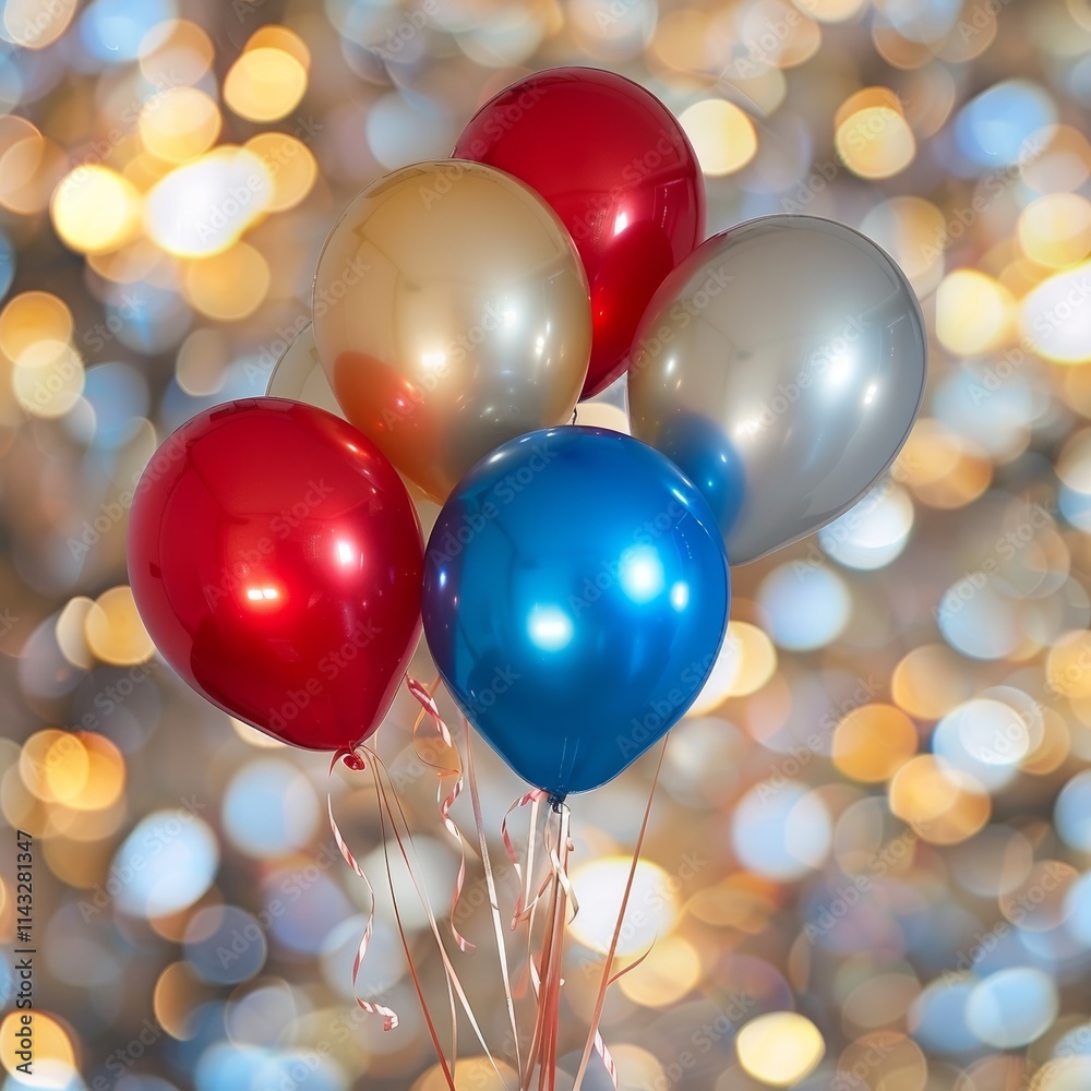 Festive balloons in red, blue, and gold create a joyful atmosphere perfect for a celebration, shimmering against a sparkling backdrop