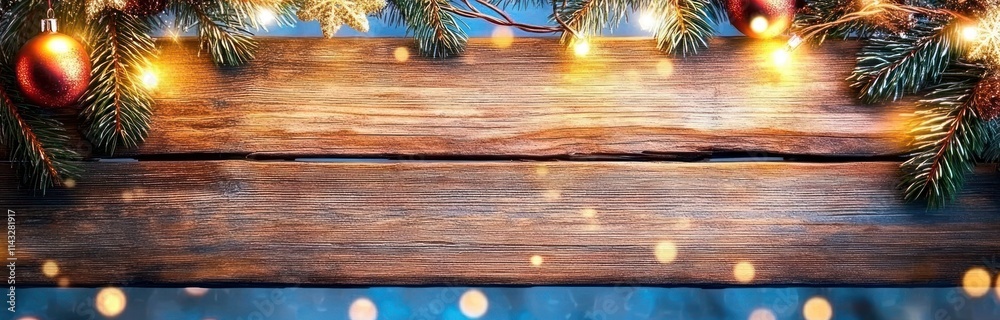 Rustic Christmas Board with Fir Branches and String Lights on Wooden Plank, with Defocused Abstract Snowfall in the Background Rustic Christmas Board with Fir Branches and String Lights on Wooden Plank, with Defocused Abstract Snowfall in the Background