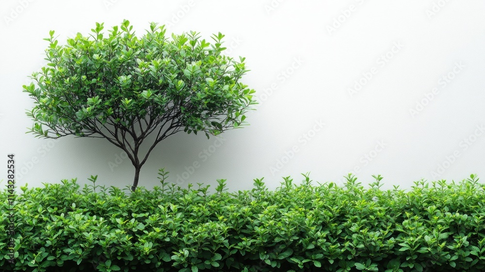 Fototapeta premium Small tree and shrubbery against a white wall.