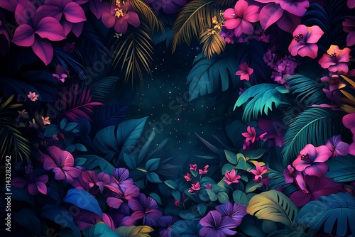 Mystical Tropical Garden With Vibrant Florals Under a Starry Night Sky : Generative AI