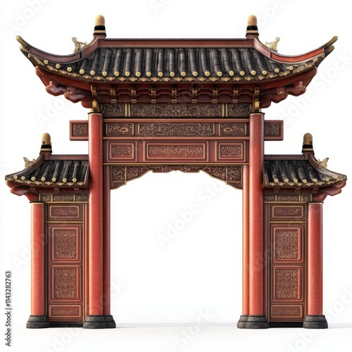 Chinese gate with intricate design isolated on white background