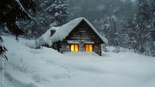 Cozy Cabin Snowfall Winter Wonderland Forest Scene