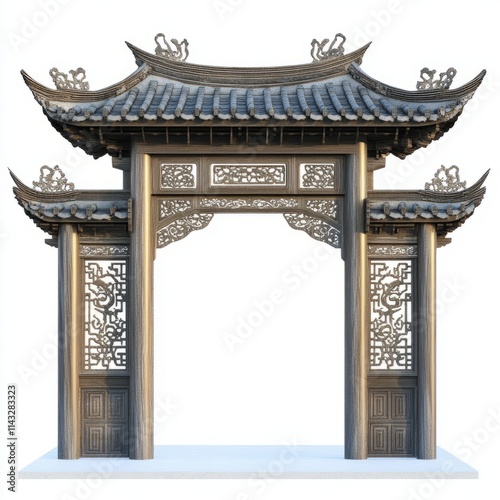 Chinese gate with intricate design isolated on white background