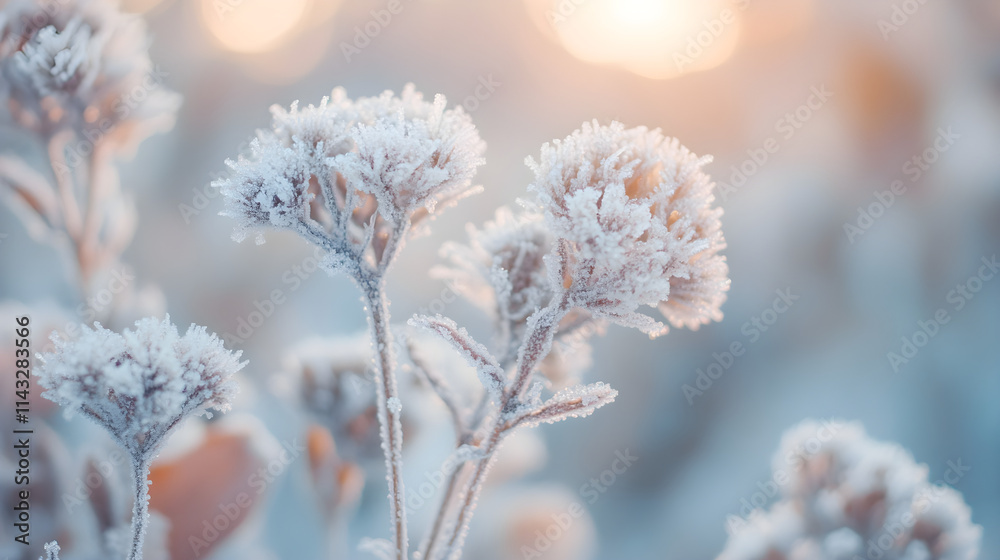 Close-up of flowers covered in frost or ice crystals in a cold, winter landscape Close-up of flowers covered in frost or ice crystals in a cold, winter landscape