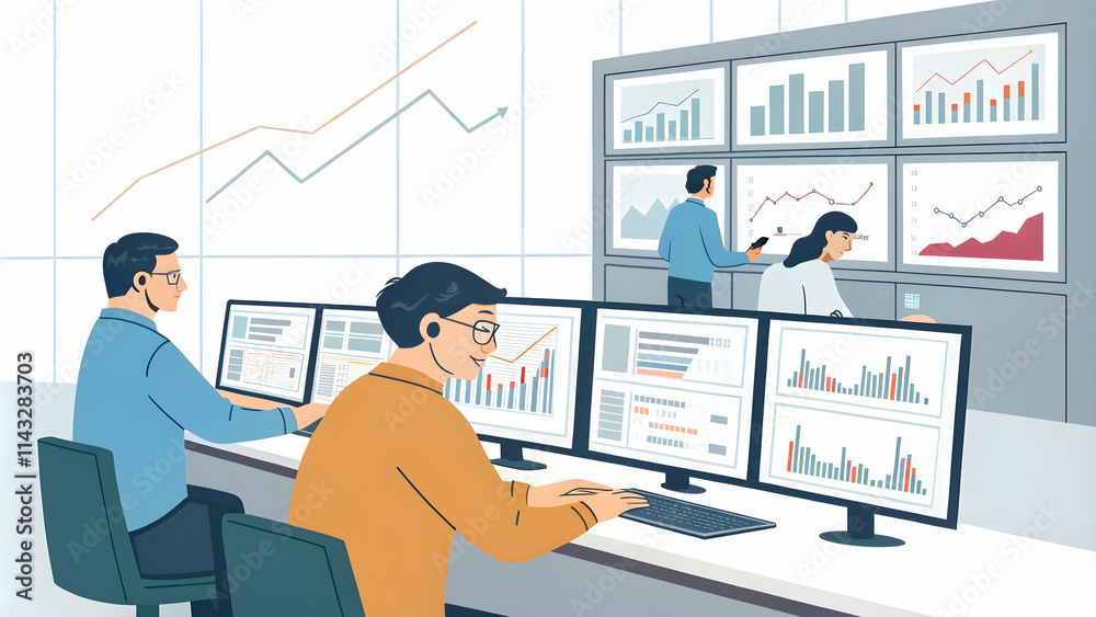 yield and profit and evaluation concept as Financial analysts evaluating yield and profit data analyzing graphs on computer screens in office ample copy space included. in Photo Stock Concept and e yield and profit and evaluation concept as Financial analysts evaluating yield and profit data analyzing graphs on computer screens in office ample copy space included. in Photo Stock Concept and e