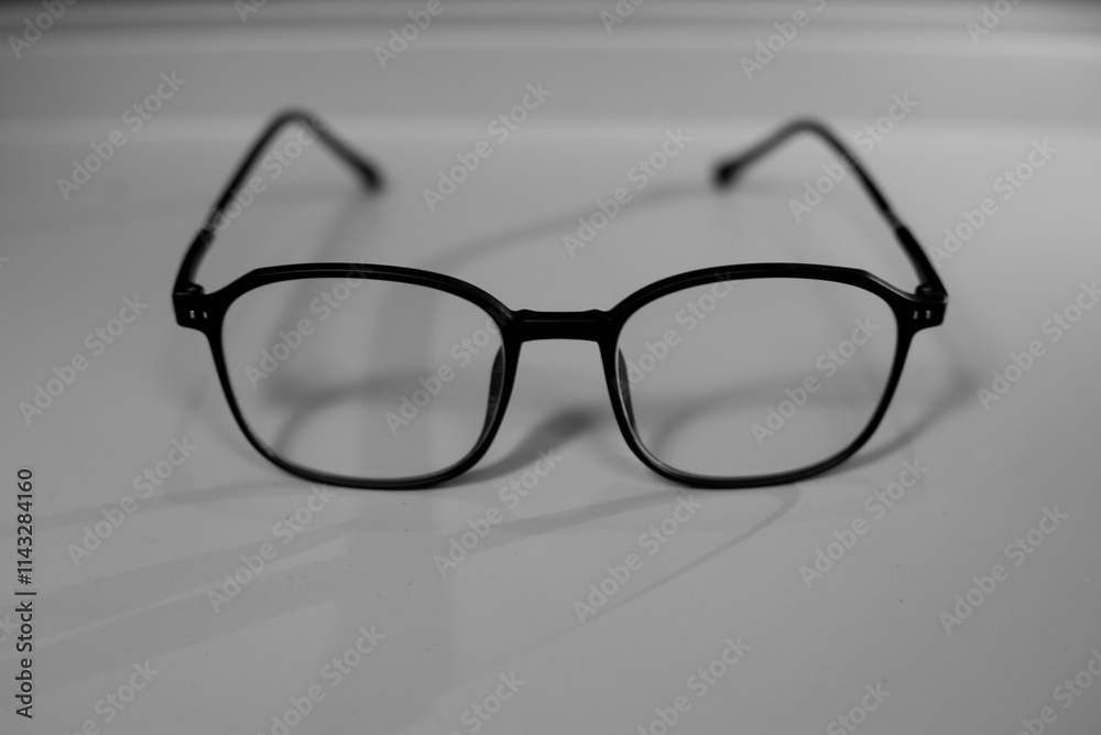 A pair of black framed glasses with clear lenses is placed on a white surface. A pair of black framed glasses with clear lenses is placed on a white surface.