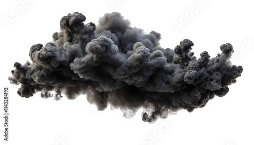 Realistic black smoke cut-out with swirling plumes and fine details, isolated on a transparent background. Perfect for fire, industrial, or cinematic themes.
