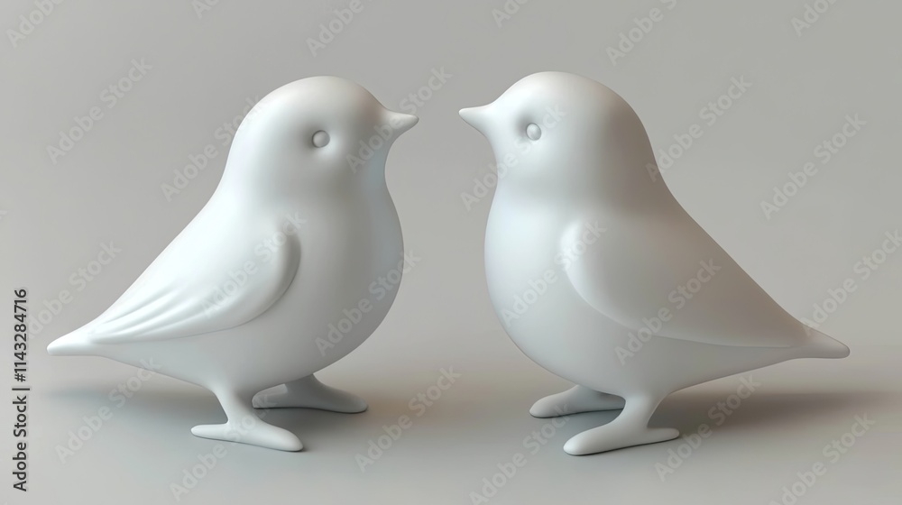 Two stylized white bird figurines facing each other on a neutral background. Two stylized white bird figurines facing each other on a neutral background.