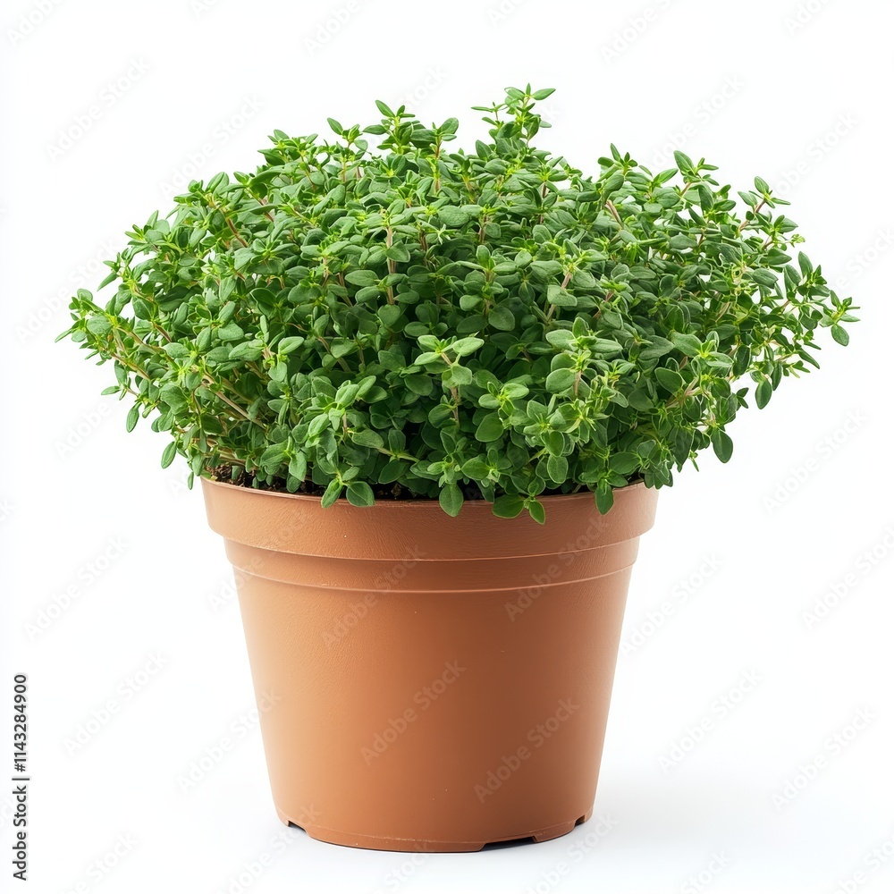 A potted thyme plant isolated on white background A potted thyme plant isolated on white background