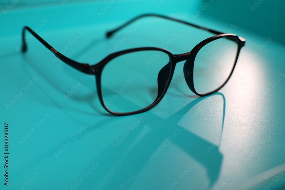Black-framed square glasses rest on a shiny light blue surface, with their reflection visible. Black-framed square glasses rest on a shiny light blue surface, with their reflection visible.