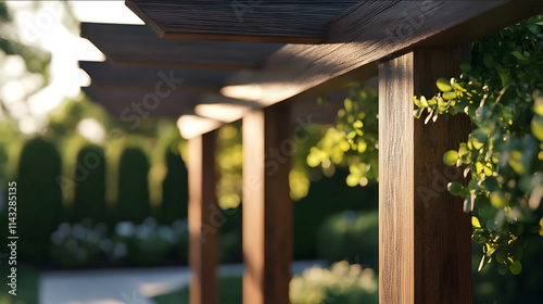 realistic 4K high definition architectural cinematic shot wooden pergola close up shot minimal setting garden background soft lighting photo