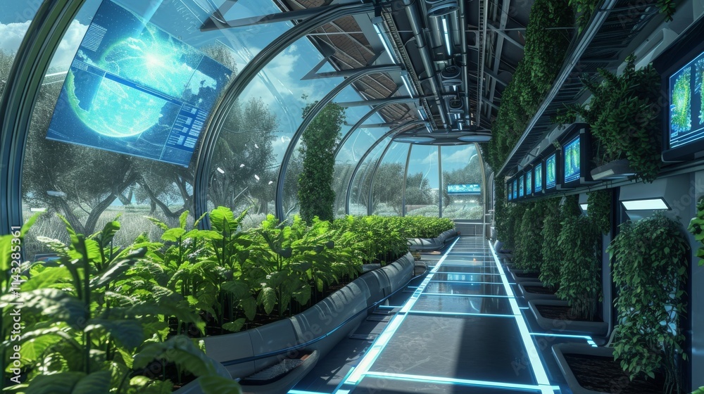 A high-tech greenhouse filled with vibrant plants, featuring sleek design and digital screens. The space embodies modern agriculture and environmental care. AI generated. A high-tech greenhouse filled with vibrant plants, featuring sleek design and digital screens. The space embodies modern agriculture and environmental care. AI generated.