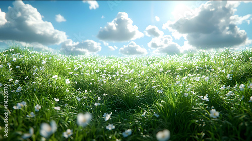 Green grassland with blue sky and large clusters of white clouds in the distance the shadows of the white clouds fall onto the grass real texture and light rich det photo