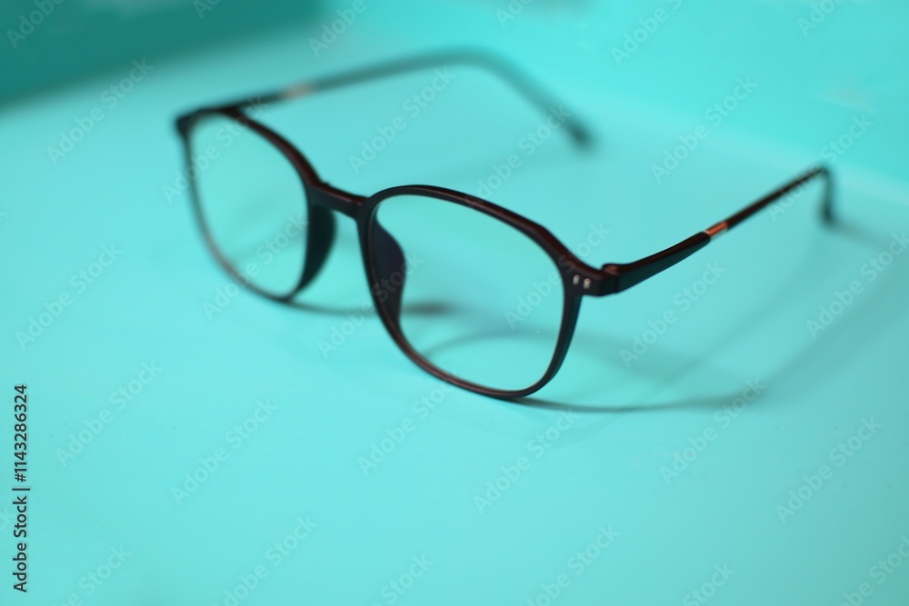 Black-framed square glasses rest on a shiny light blue surface, with their reflection visible. Black-framed square glasses rest on a shiny light blue surface, with their reflection visible.