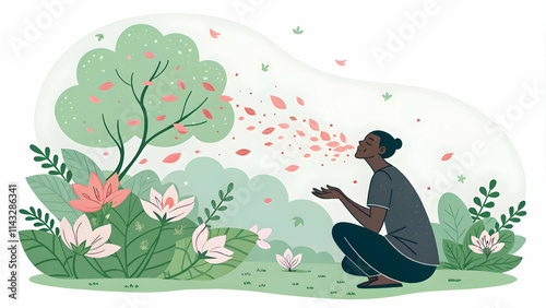 Tranquil Figure in Lush Enclave Embracing Petals and Fragrances, Relaxing Amid Colorful Mosaics, Empty Space on Left