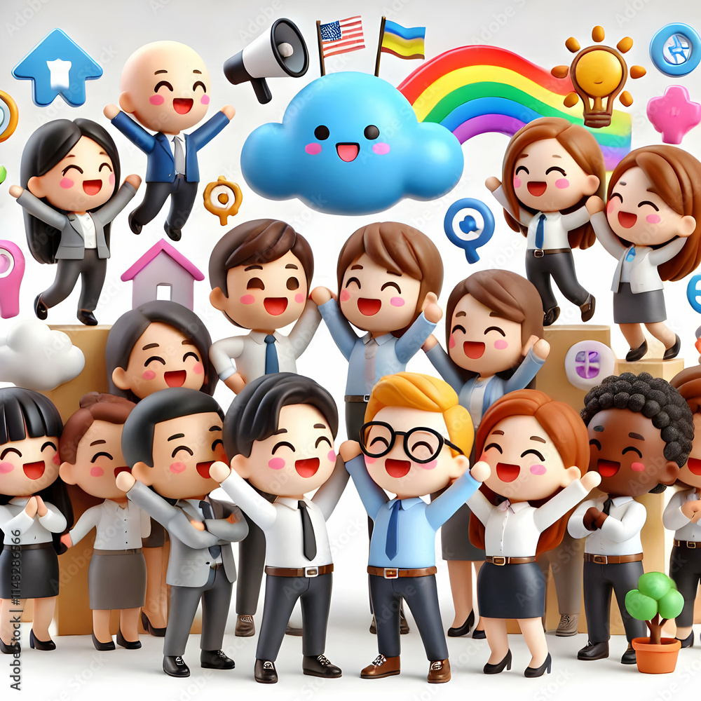 Obraz premium 3D Team Celebrating Diversity Inclusion Multicultural Symbols Empowerment Growth Joyful Interactions Workplace