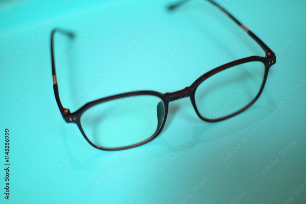 Black-framed square glasses rest on a shiny light blue surface, with their reflection visible. Black-framed square glasses rest on a shiny light blue surface, with their reflection visible.