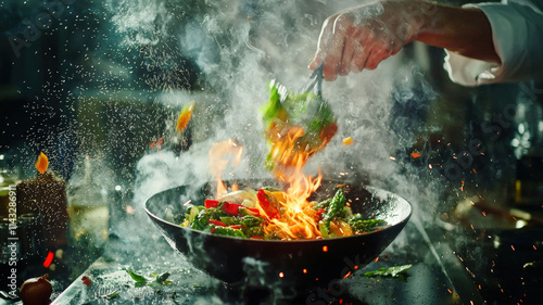 Fototapeta Naklejka Na Ścianę i Meble -  A high-energy photo of a professional chef skillfully tossing colorful vegetables in a flaming wok, set in a sleek modern restaurant kitchen, vibrant and dynamic.
