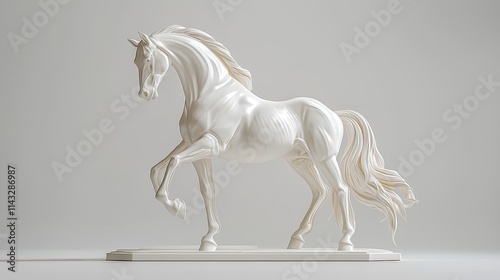 A stylized white sculpture of a horse in a dynamic pose, showcasing elegance and artistry. photo