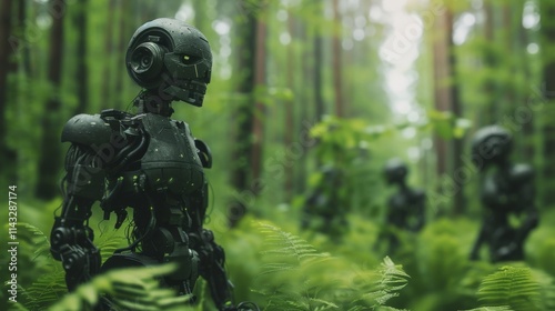 A close-up view of advanced humanoid robots amidst lush greenery in a tranquil forest, emphasizing a blend of nature and technology. AI generated.