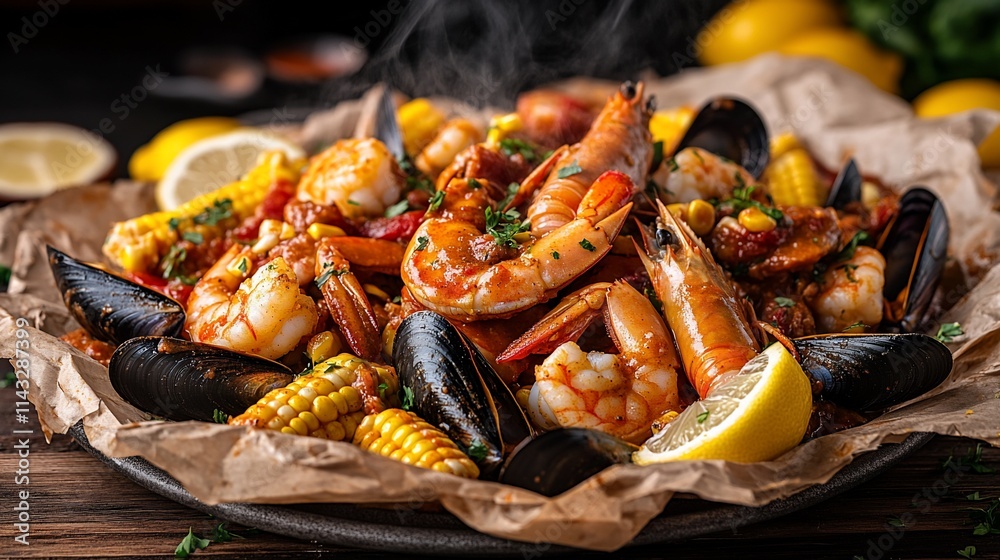 A vibrant seafood platter with shrimp, mussels, and corn. A vibrant seafood platter with shrimp, mussels, and corn.