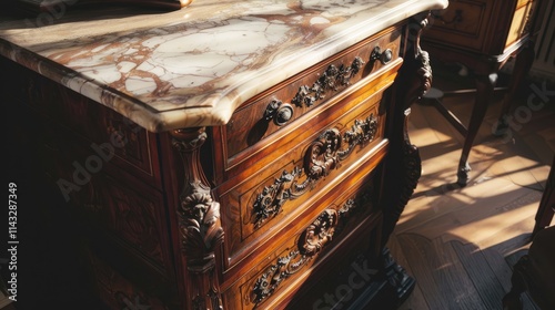 Antique furniture with marble top drawer, wooden adornments, and sunlight. photo