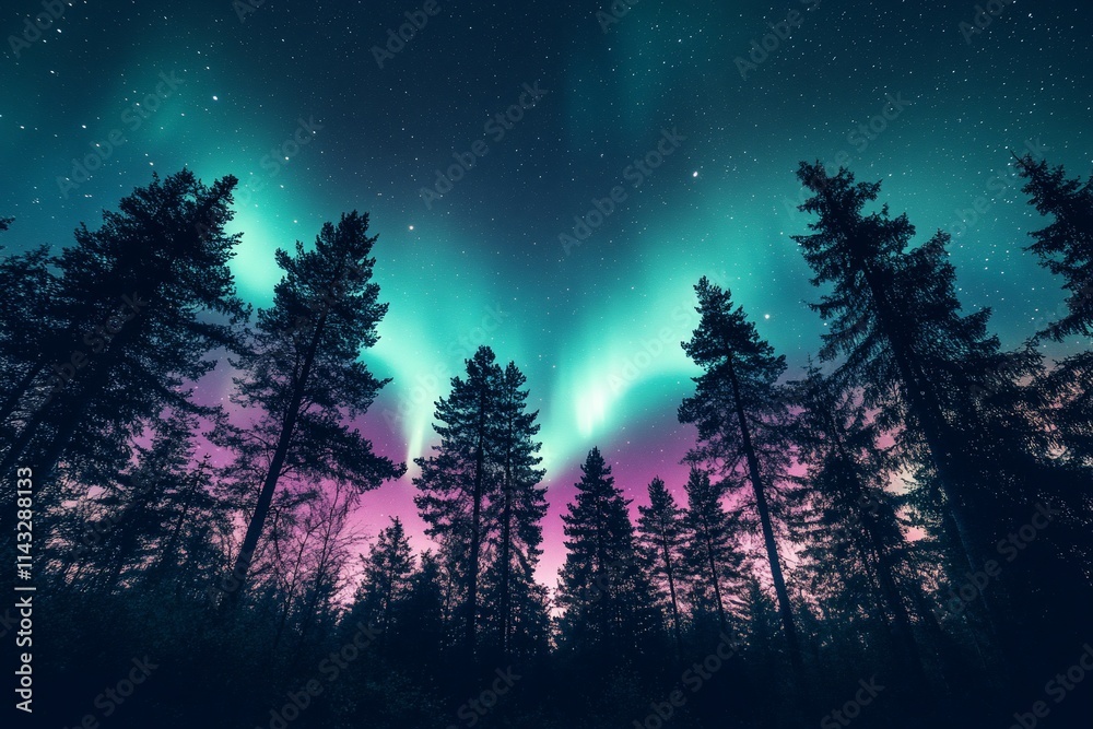 Fototapeta premium A stunning view of the aurora borealis above silhouetted trees.