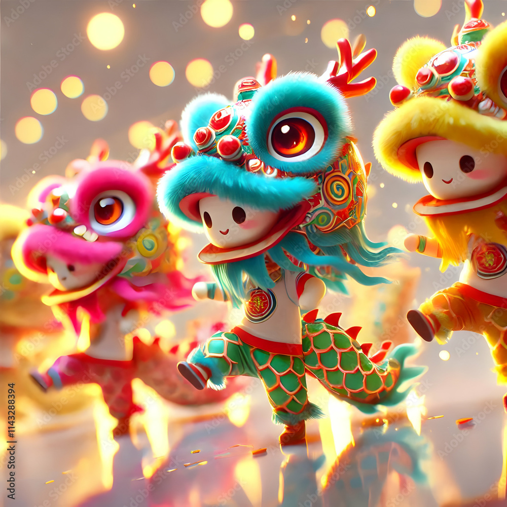 Vibrant 3D Bokeh Dragon Dance Performers with Motion Blur and Ample Copy Space for Text
