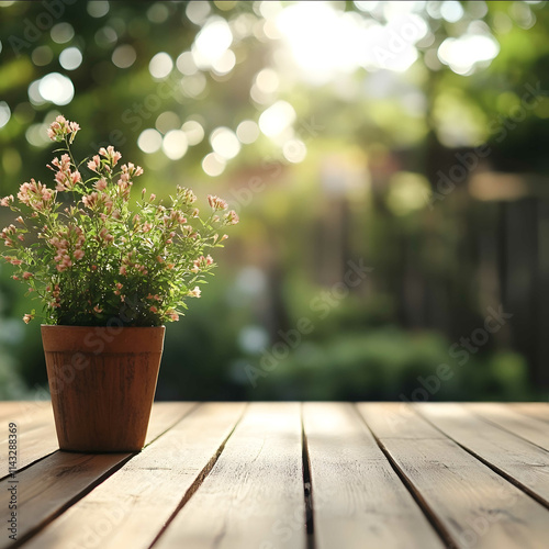 outdoor summer decking frontground luscious potted plant decor bokeh background the decking should be centred as if a product is about to be placed there for a fash