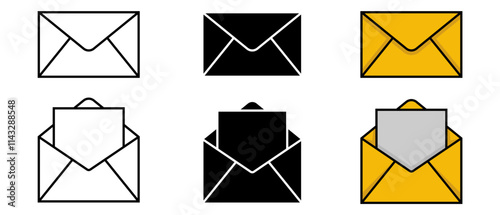 Simple Envelope Icon Collection with Line Art, Silhouette, and Colorful Designs, Editable Scalable Vector Illustration Isolated on White Background for Templates and Mockups