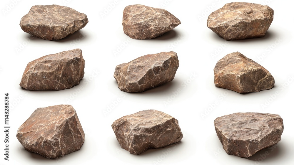 A collection of various rocks arranged in a grid pattern on a white background. A collection of various rocks arranged in a grid pattern on a white background.