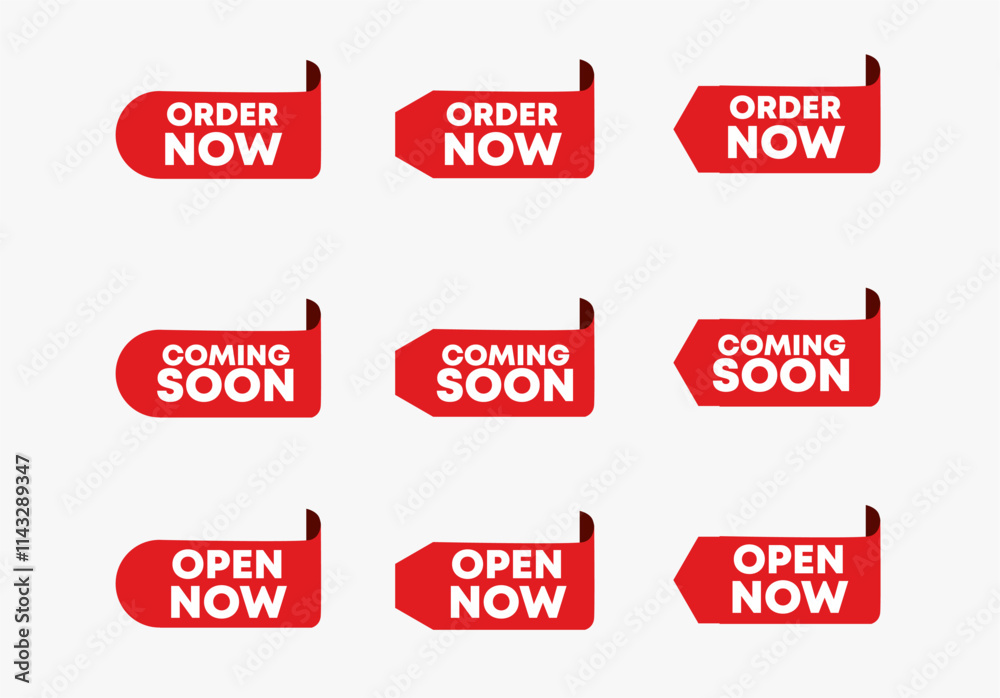 Red ribbon with text Coming soon, New update, order now Banner ribbon label Coming soon Red ribbon with text Coming soon, New update, order now Banner ribbon label Coming soon