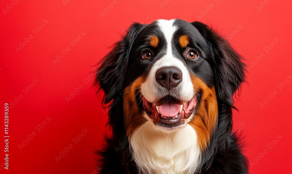 A happy Bernese Mountain Dog against a bright red background. A happy Bernese Mountain Dog against a bright red background.