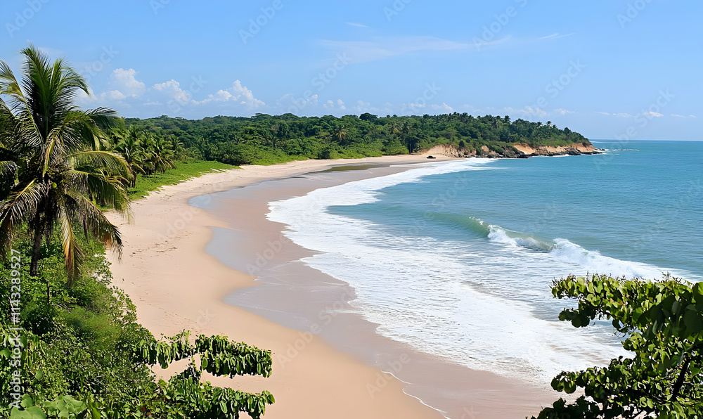 A serene beach scene with gentle waves and lush greenery under a clear blue sky. A serene beach scene with gentle waves and lush greenery under a clear blue sky.