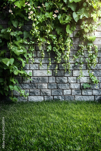 The ground is real grass the background is a marble brick wall and the wall is lying on the vines front viewbright scene photo