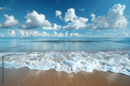 Tranquil tropical beache with crystal-clear water, white sands, and clouds under a sunny sky