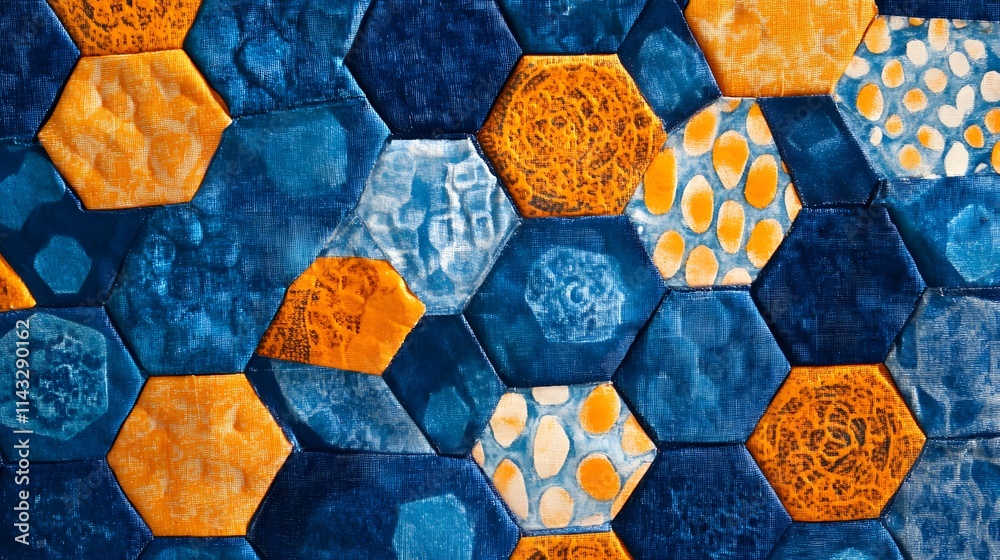 In blue and orange, there is a hexagonal pattern on the background In blue and orange, there is a hexagonal pattern on the background