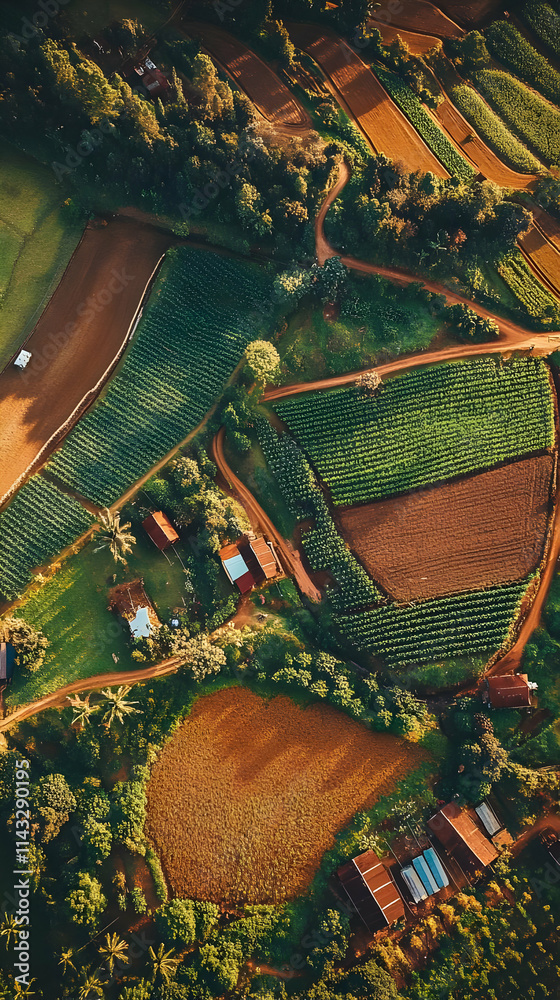 Obraz premium Aerial view of lush farmland with diverse crops and rustic buildings.