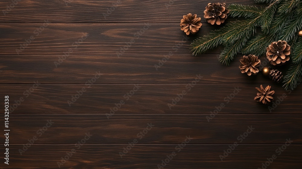 Festive Christmas Fir Tree Decoration on Rustic Wooden Background Festive Christmas Fir Tree Decoration on Rustic Wooden Background