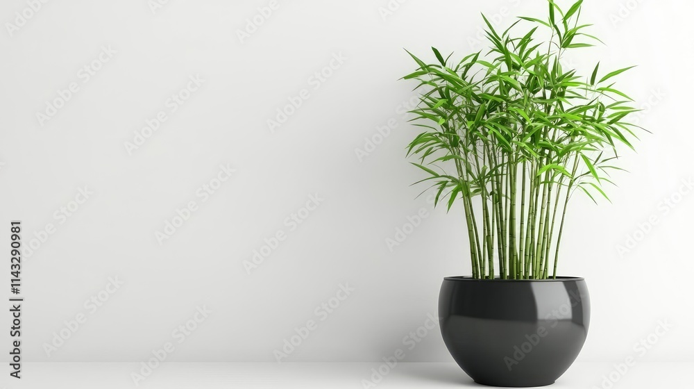 A lush bamboo plant in a sleek black pot against a minimalist white wall. A lush bamboo plant in a sleek black pot against a minimalist white wall.