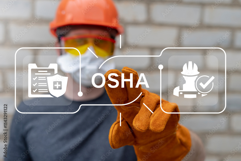 OSHA Occupational Safety and Health Administration. OSHA checklist documents. Industry employee working on virtual touchscreen selects OSHA acronym.