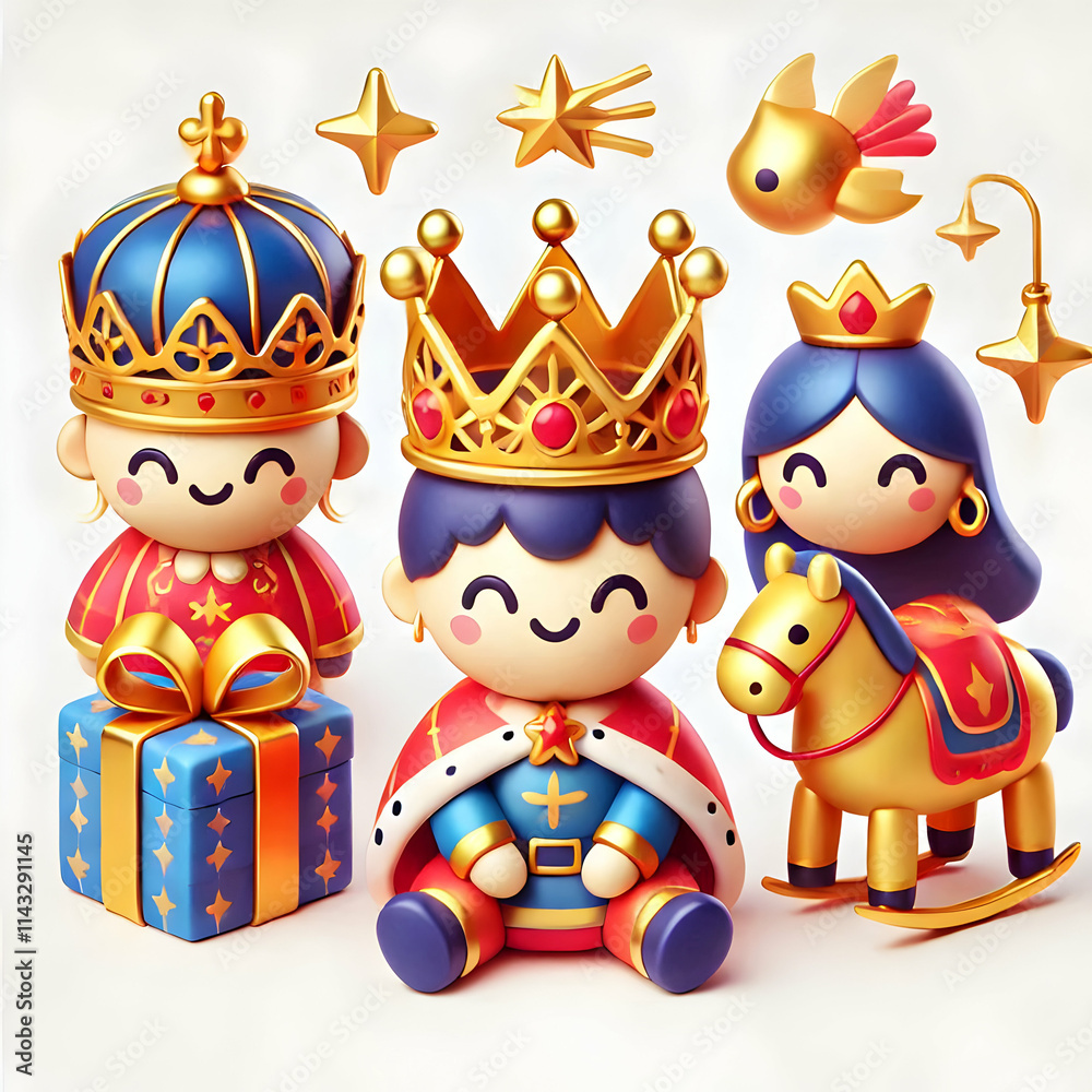 Fototapeta premium 3D Reyes Magos Festive Decoration Vector Illustration Icons for Holiday Celebrations Infographics on White Background