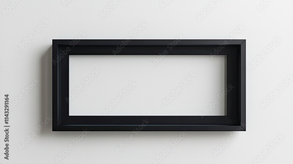 A simple black rectangular picture frame against a white wall, empty and ready for artwork. A simple black rectangular picture frame against a white wall, empty and ready for artwork.