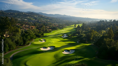 A scenic view of a lush golf course surrounded by hills and trees under a clear sky.