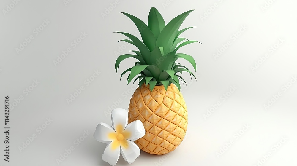 A stylized pineapple with green leaves and a white flower beside it, showcasing tropical beauty. A stylized pineapple with green leaves and a white flower beside it, showcasing tropical beauty.