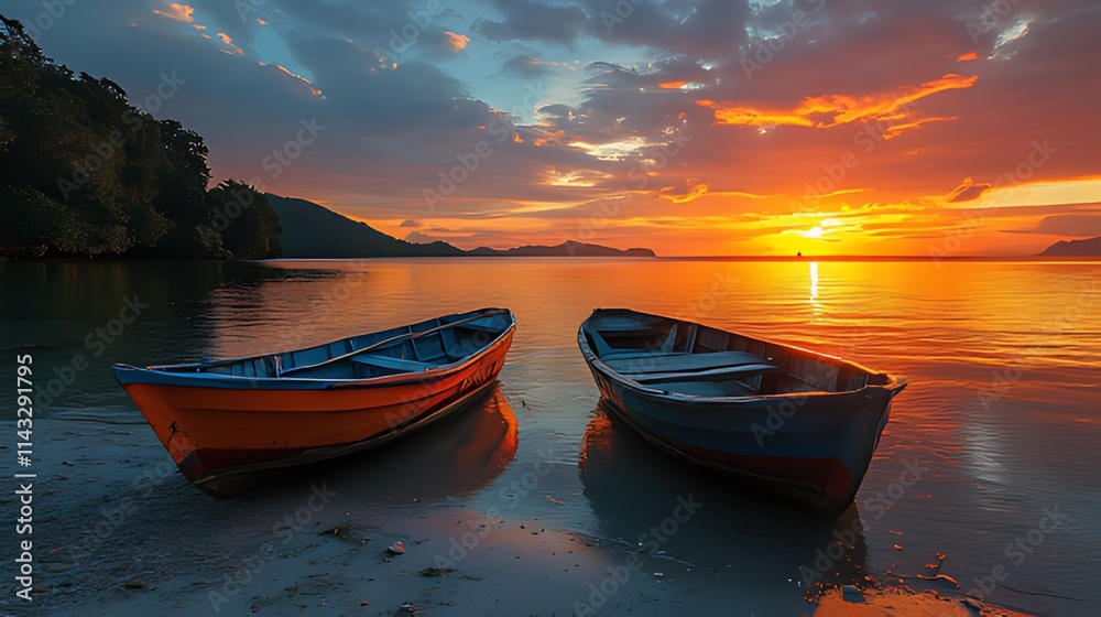 Two small boats on a tranquil beach at sunset, vibrant colors reflecting in the water. Two small boats on a tranquil beach at sunset, vibrant colors reflecting in the water.