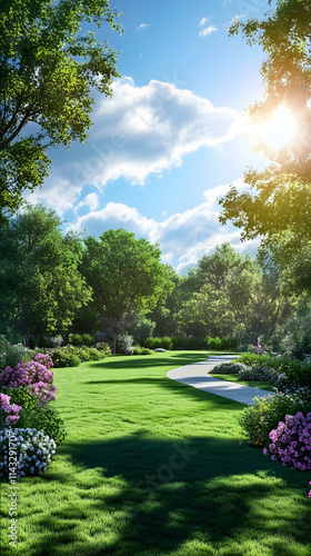 Imagen 3D realista paisaje soleado en un jardin vibrante con un cielo azul claro y algunas nubes esponjosas dispersas El cesped verde y bien cuidado se extiende has photo