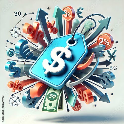 3D Floating discount tag with currency symbols and advertising arrows concept as A dynamic vector illustration of a floating discount tag intertwined with various currency symbols and advertising arro photo