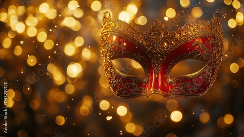 Ornate Red Mask with Golden Accents Surrounded by Festive Bokeh