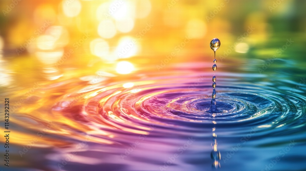 Colorful Water Drop with Ripple Effect on Vibrant Background Colorful Water Drop with Ripple Effect on Vibrant Background